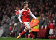LONDON, ENGLAND - APRIL 26:  Nacho Monreal of Arsenal celebrates after his shot was deflceted onto Robert Huth of Leicester City (Not pictured) leading to Arsenal's first goal during the Premier League match between Arsenal and Leicester City at the Emirates Stadium on April 26, 2017 in London, England.  (Photo by Shaun Botterill/Getty Images)